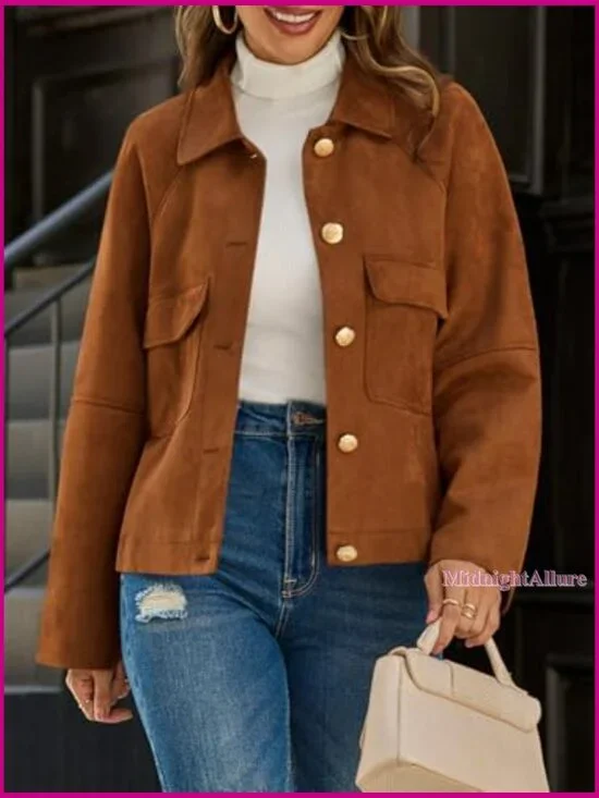 Oversized Cropped Faux Suede Jacket Lapel Collar Button Down Vintage Shacket - Picture 5 of 7